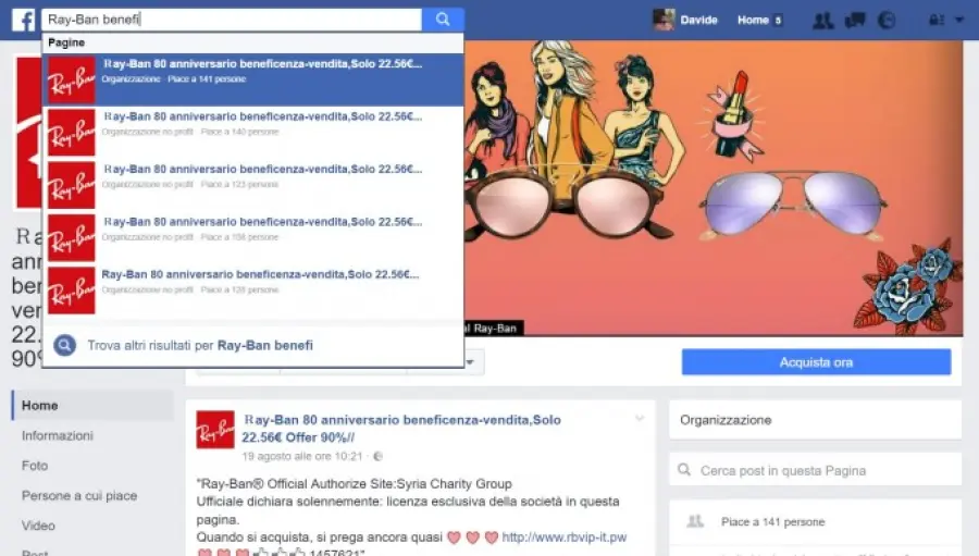 Facebook, attenzione alle vendite dei Ray-Ban per beneficenza: sono truffe
